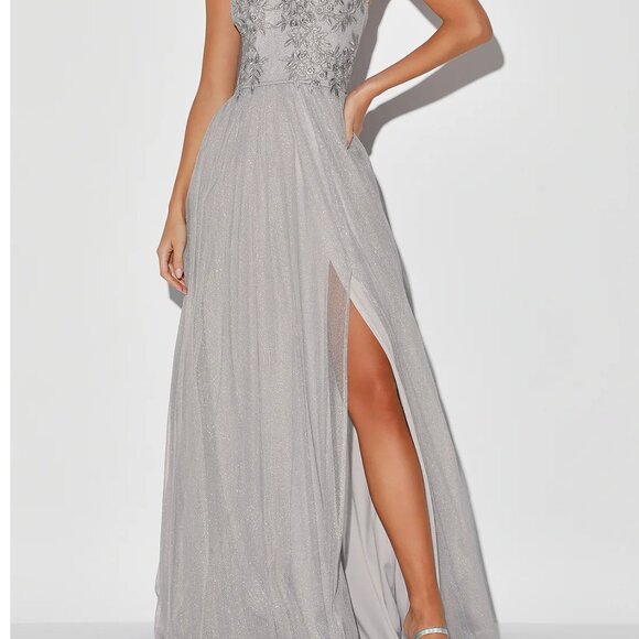 Lulus Midnight Dreamer Grey Embroidered Strapless Maxi Dress - Size S - Picture 2 of 4